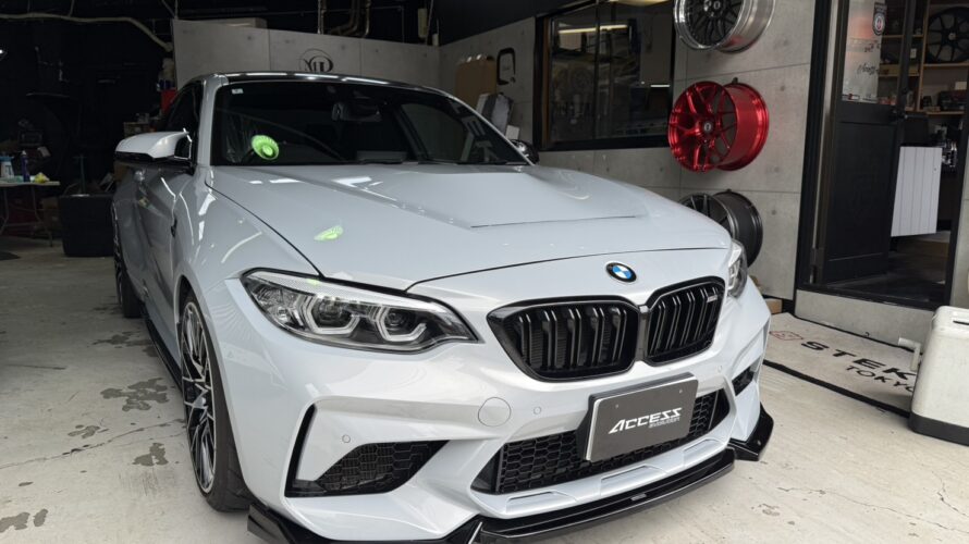 F87 M2　ボンネット交換、マクストンデザインフロントリップ、サイドスカート取付、エンドレスレーシングブレーキフルード交換、DIXCEL　TypeZパッド交換、STEK DYNO Sheldにてストーンガード貼り換え、エンジンオイル、デフオイル交換